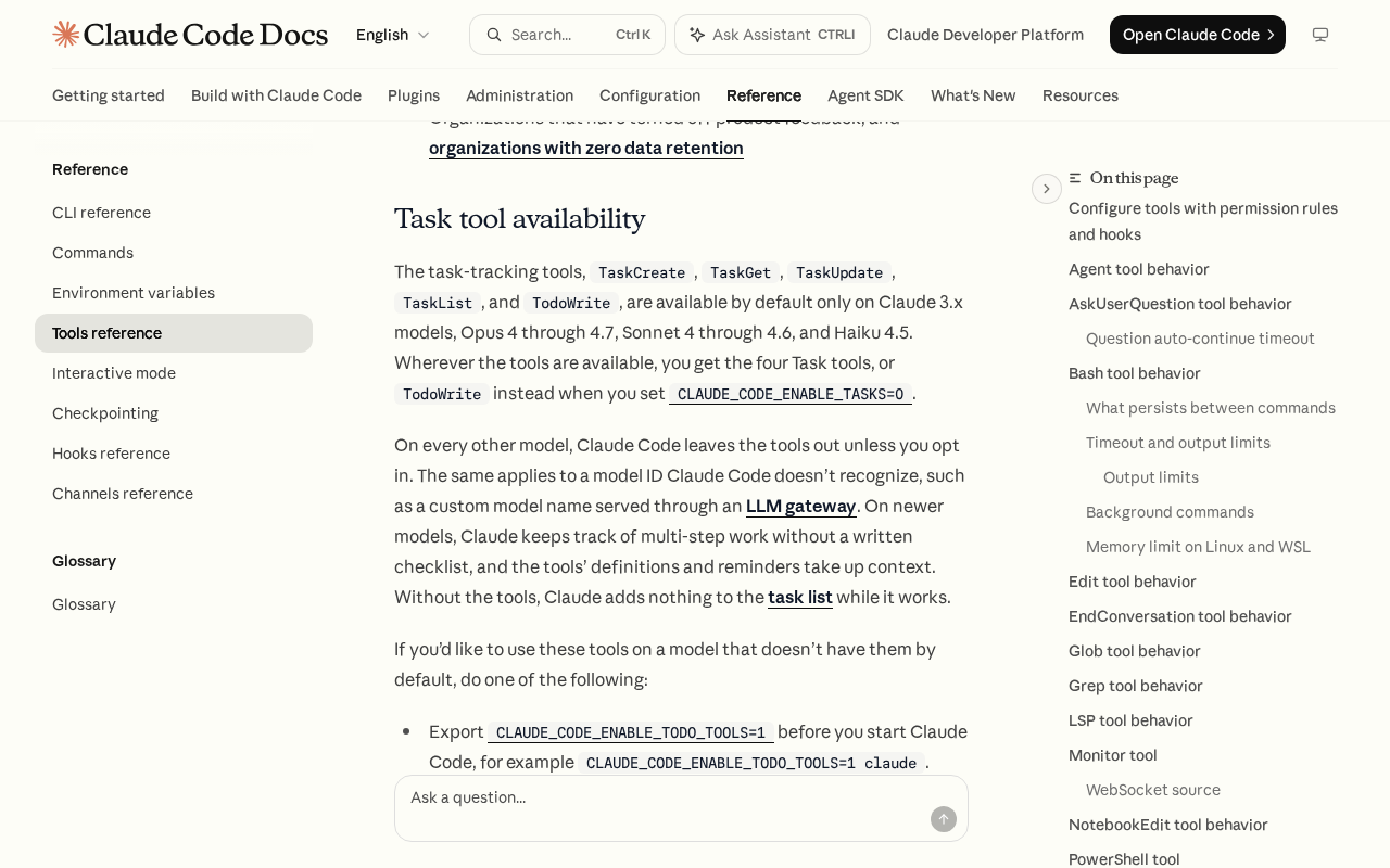 Claude Code tools reference, Task tool availability section, stating that TaskCreate, TaskGet, TaskUpdate, TaskList and TodoWrite are available by default only on Claude 3.x, Opus 4 through 4.7, Sonnet 4 through 4.6 and Haiku 4.5, and that other models need an opt-in