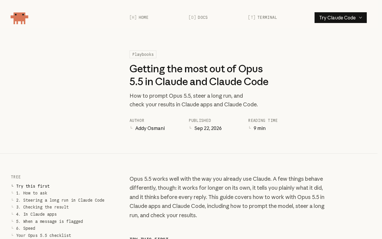 Anthropic claude.dev Blog article header for Getting the most out of Opus 5.5 in Claude and Claude Code, by Addy Osmani, published Sep 22, 2026, with a contents list that includes Steering a long run in Claude Code