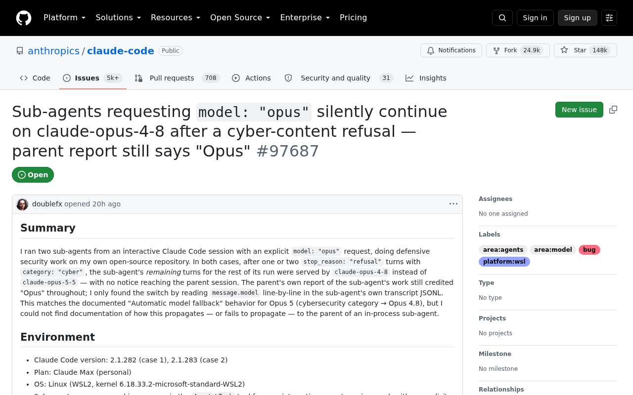 GitHub issue 97687 in anthropics/claude-code, open, reporting that sub-agents requesting model opus silently continued on claude-opus-4-8 after a cyber-content refusal while the parent report still credited Opus