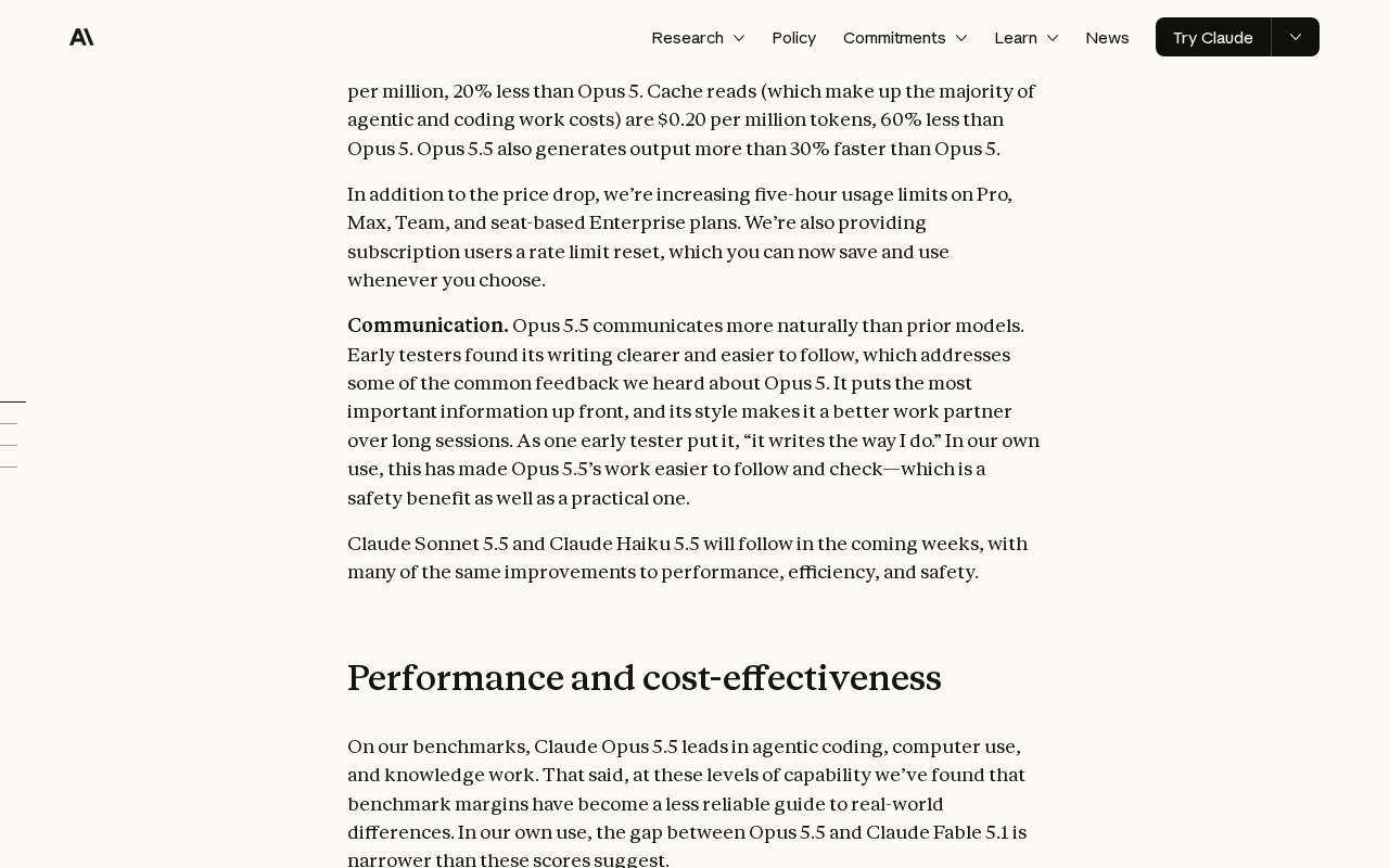 Anthropic’s Claude Opus 5.5 launch page, the paragraph that raises five-hour usage limits on Pro, Max, Team and seat-based Enterprise plans and gives subscription users a rate limit reset they can save and use whenever they choose