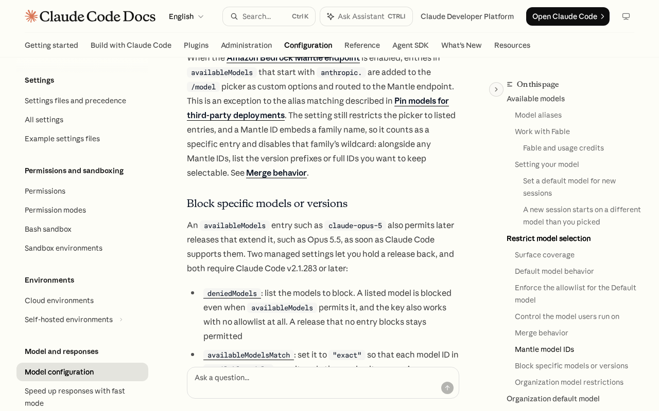 Claude Code model configuration docs, section Block specific models or versions, explaining that an availableModels entry such as claude-opus-5 also permits Opus 5.5 and listing the deniedModels and availableModelsMatch settings