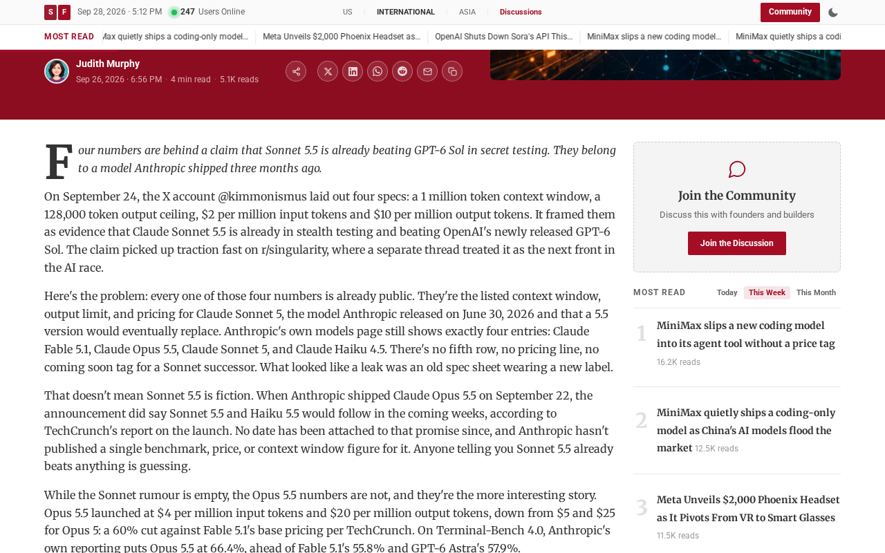 Startup Fortune article by Judith Murphy on the Sonnet 5.5 leak, with the paragraph explaining that all four figures in the Sep 24 post are the listed context window, output limit and pricing for Claude Sonnet 5, released June 30, 2026