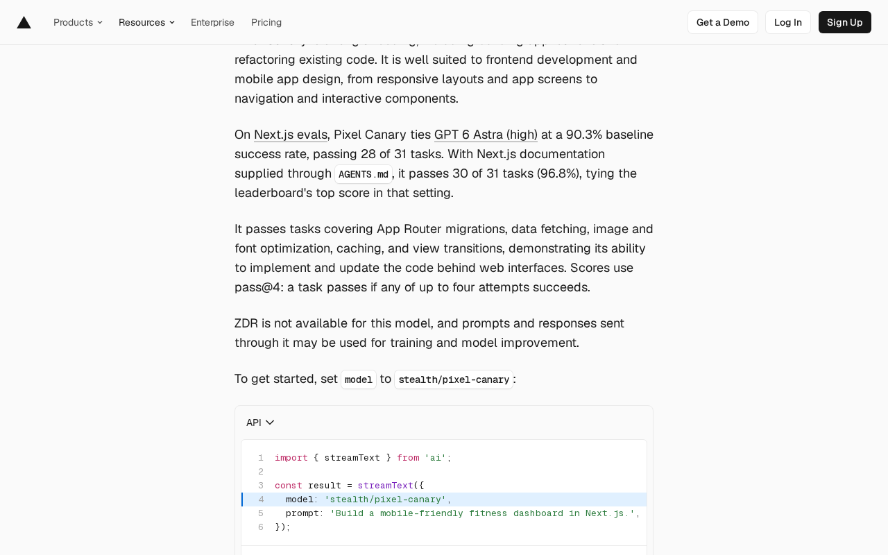 Vercel changelog entry for Pixel Canary on AI Gateway, stating pass@4 scoring on Next.js evals and that ZDR is not available and prompts and responses may be used for training
