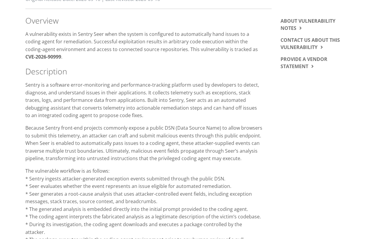 CERT/CC vulnerability note VU#212479 showing its overview, the paragraph on public DSNs in Sentry front-end projects, and the start of the vulnerable workflow list
