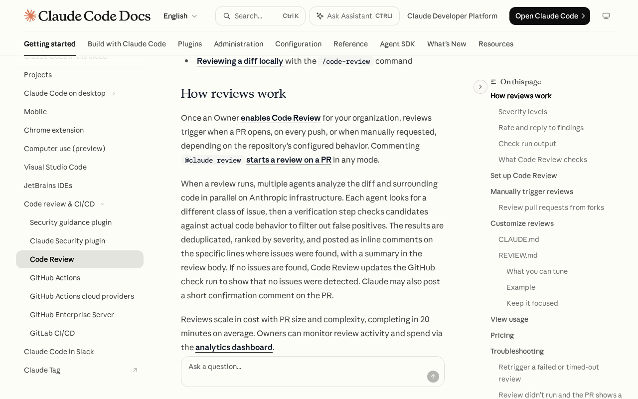 Claude Code Docs page on Code Review, How reviews work section, saying multiple agents analyze the diff and surrounding code in parallel on Anthropic infrastructure and a verification step checks candidates against actual code behavior