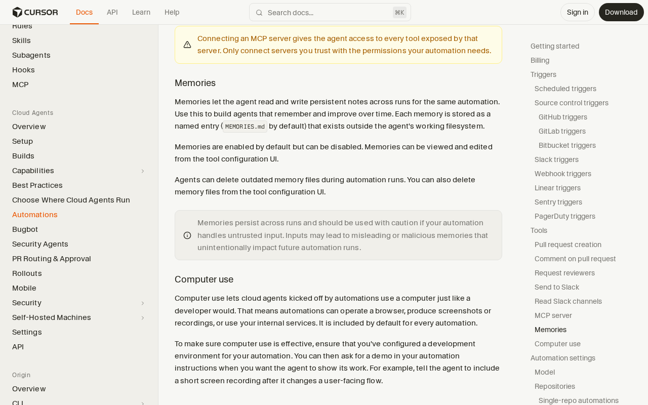 Cursor Automations docs showing the Memories section: notes persist across runs of the same automation in a MEMORIES.md entry, memories are on by default, and a callout warns that untrusted input may lead to misleading or malicious memories