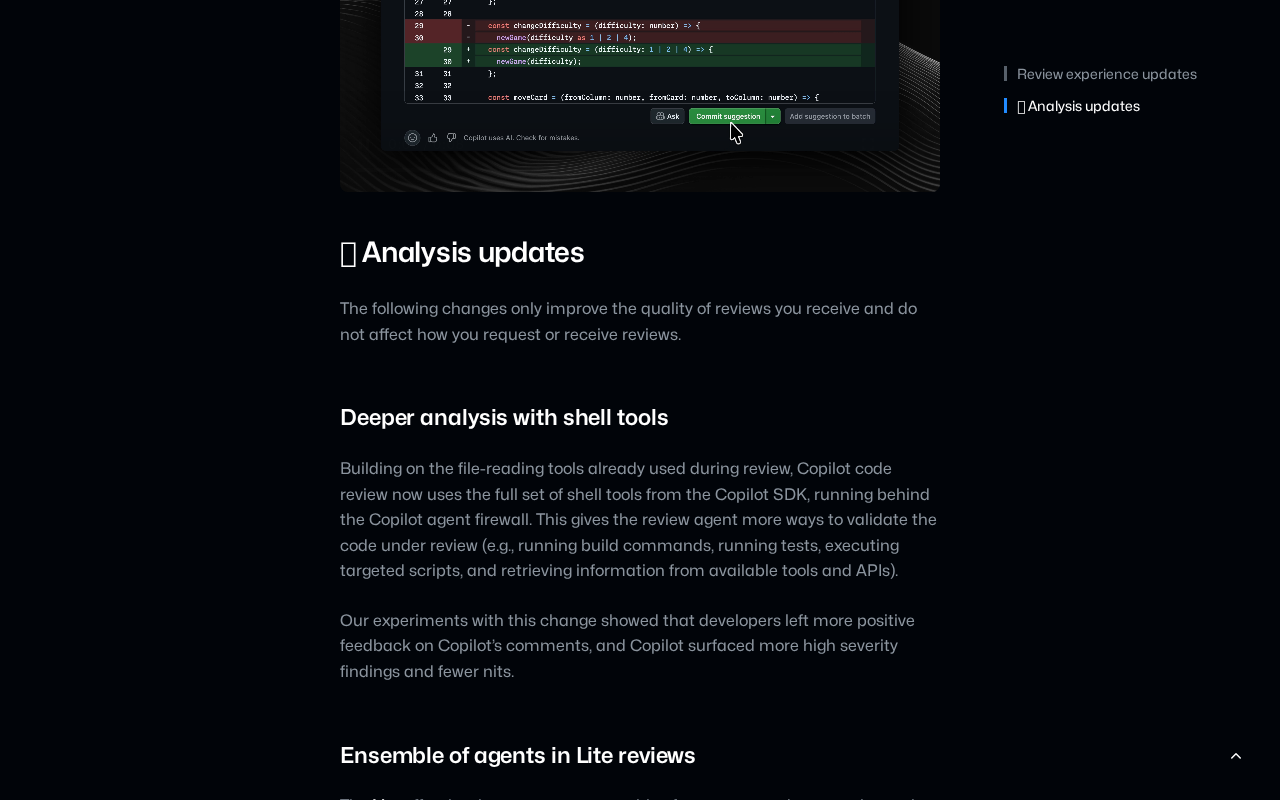 GitHub changelog section titled Deeper analysis with shell tools, saying Copilot code review now uses the full set of shell tools from the Copilot SDK behind the Copilot agent firewall to run builds, tests and targeted scripts