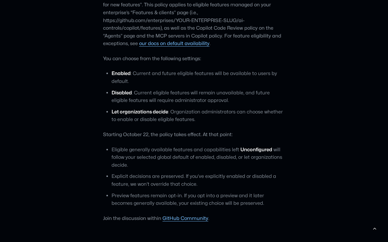 GitHub changelog text listing the three settings for the new default policy, Enabled, Disabled and Let organizations decide, and stating that from October 22 features left Unconfigured follow the global default while explicit decisions are preserved