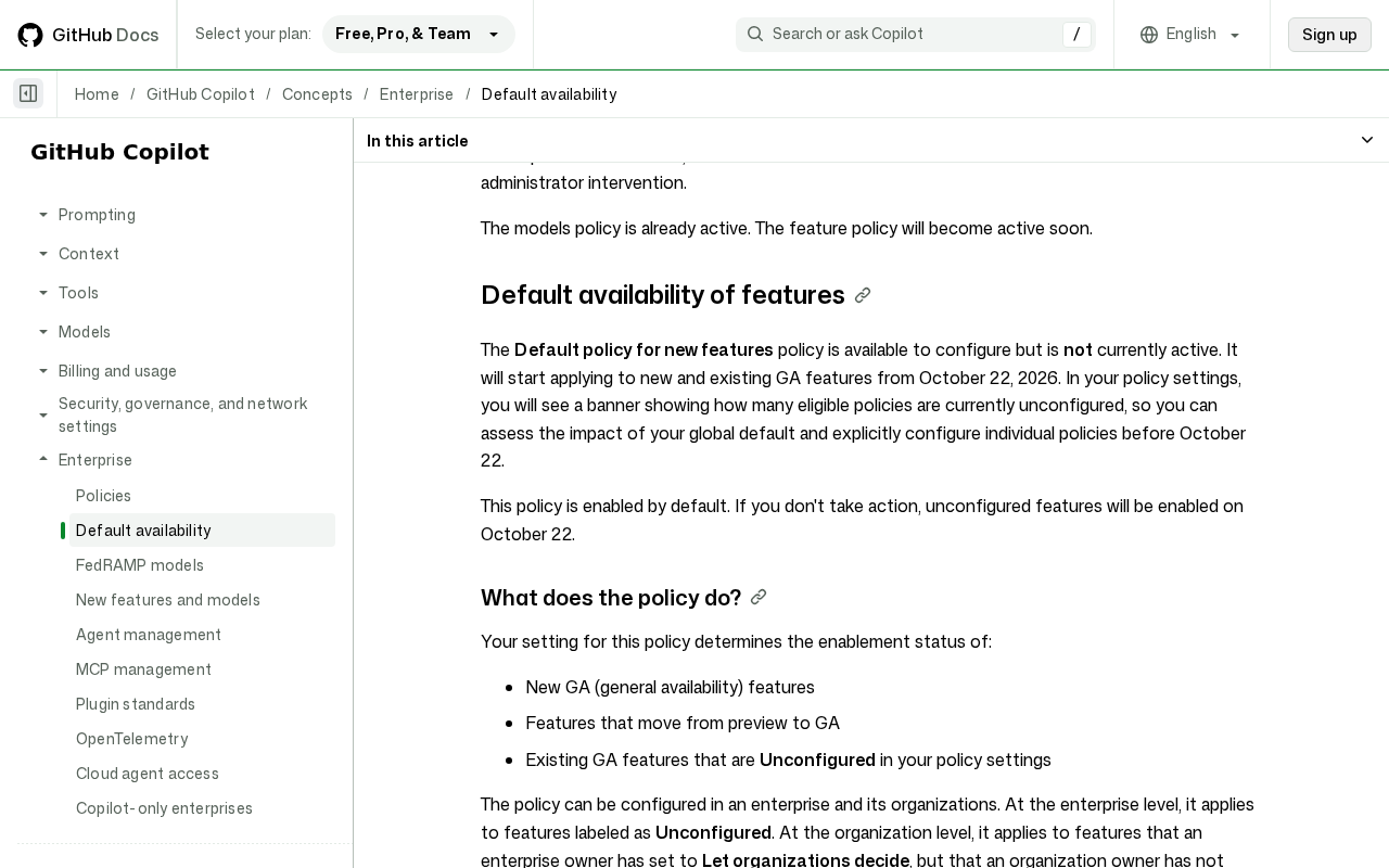 GitHub Docs page on default availability of Copilot features, stating the Default policy for new features starts applying on October 22, 2026, and that the policy is enabled by default so unconfigured features will be enabled on October 22 if you don’t take action