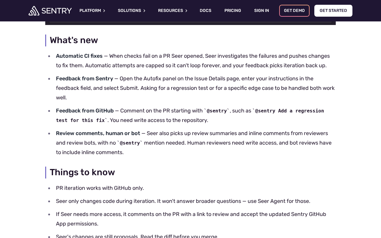 Sentry changelog entry listing automatic CI fixes on PRs Seer opened, feedback from Sentry and GitHub, and review comments from humans or bots picked up with no mention, above a Things to know list