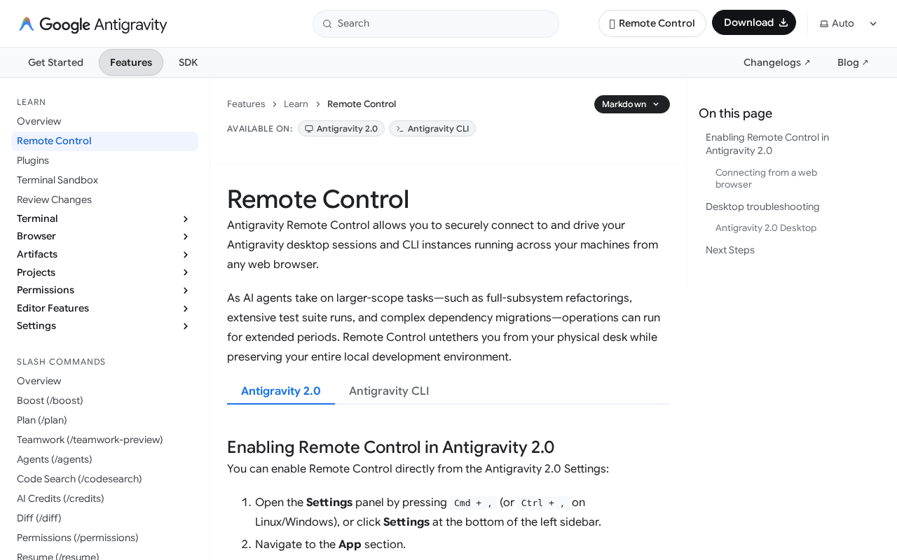 Google Antigravity Docs Remote Control page, showing the feature available on Antigravity 2.0 and Antigravity CLI and described as driving desktop sessions and CLI instances from any web browser, above the steps for enabling it in Settings