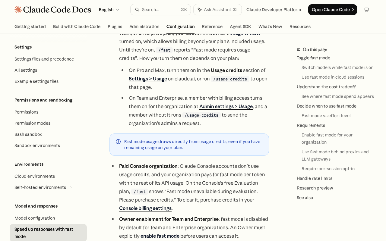 Claude Code Docs fast mode page showing the usage credits requirement, a callout that fast mode draws from usage credits even with plan usage remaining, and the Owner enablement rule for Team and Enterprise
