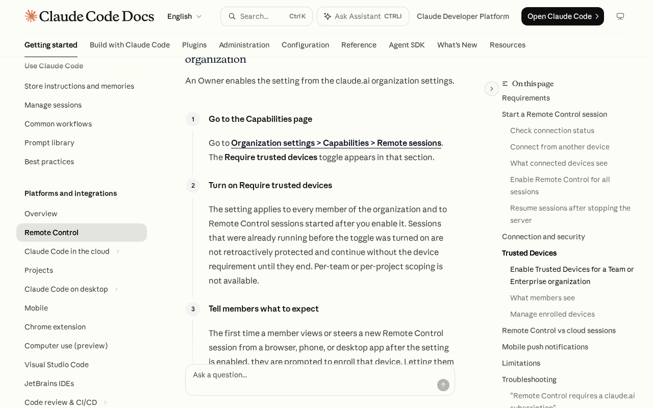 Claude Code Docs Remote Control page, Trusted Devices section, with the steps to turn on Require trusted devices for an organization and the note that the setting applies to every member, is not retroactive, and cannot be scoped per team or per project