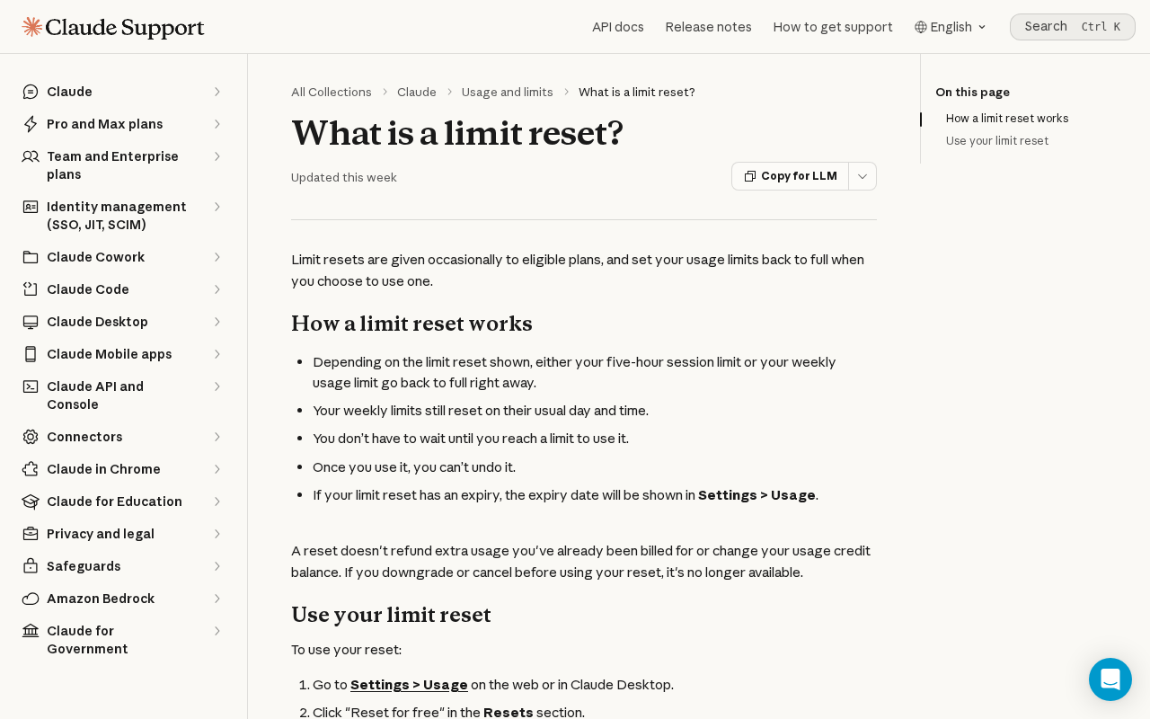 Claude Help Center article titled What is a limit reset, listing that a reset returns either the five-hour session limit or the weekly limit to full, that weekly limits still reset on their usual day, that a used reset cannot be undone, and that any expiry appears in the Usage settings
