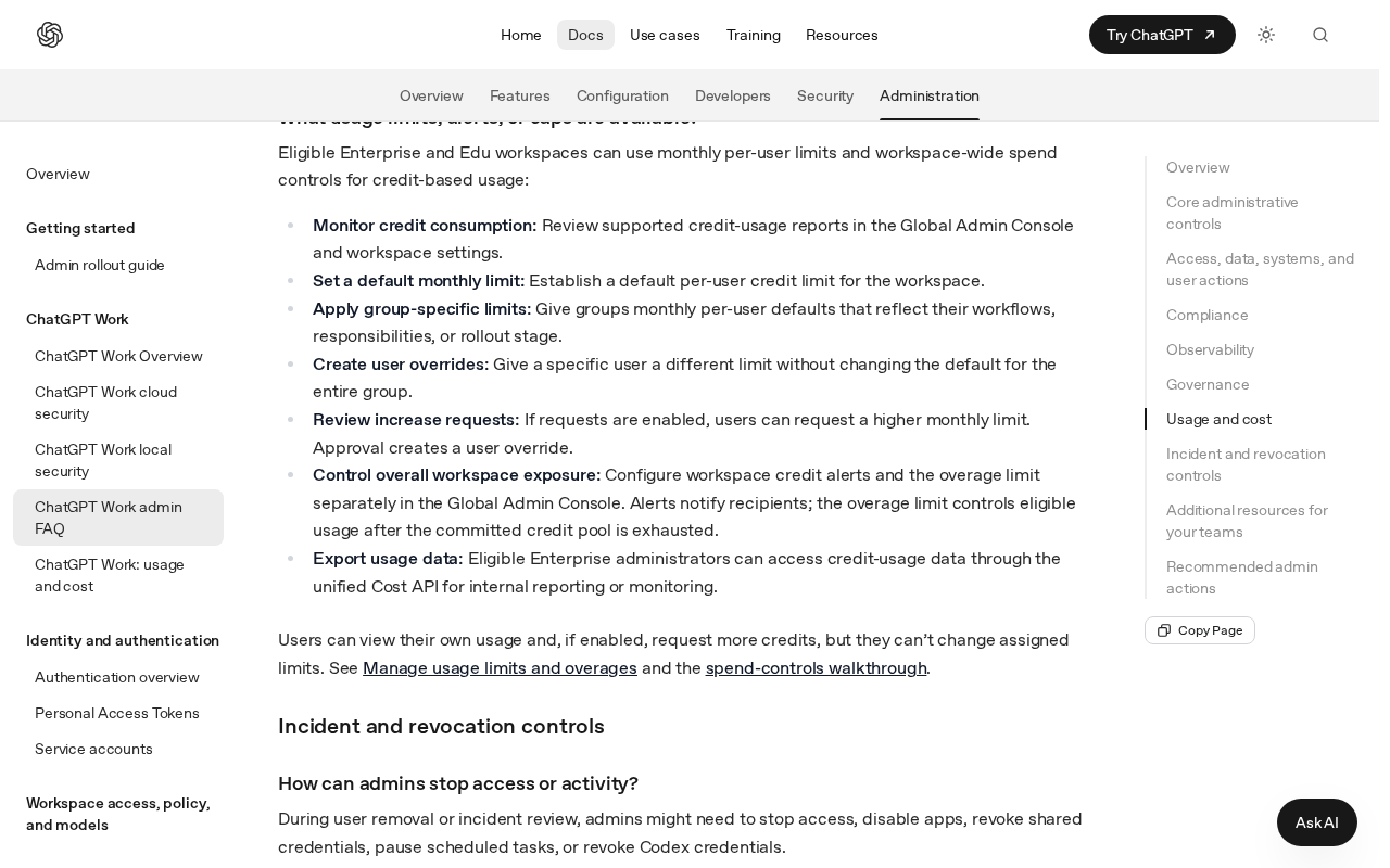 ChatGPT Work admin FAQ usage section listing a default monthly per-user limit, group limits, user overrides, and review increase requests, where approval creates a user override