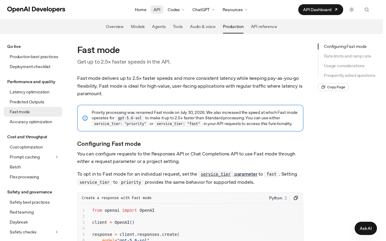 OpenAI Developers Fast mode page with the headline promising up to 2.5x faster speeds and a callout that priority processing was renamed Fast mode on July 30, 2026, accepting either service tier value