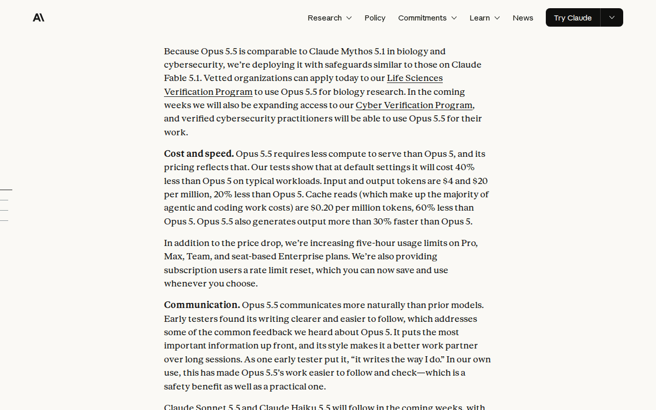 Screenshot of Anthropic’s Opus 5.5 launch page showing the paragraph that raises five-hour usage limits on Pro, Max, Team and seat-based Enterprise plans and offers a saveable rate limit reset