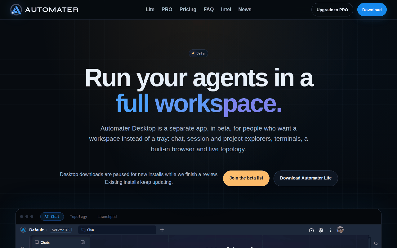Automater Desktop beta page, a desktop AI agent workspace, with a Beta badge and the line that Desktop downloads are paused for new installs