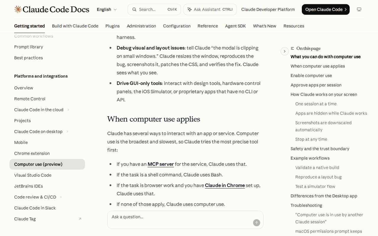 Claude Code Docs page “When computer use applies”, listing MCP server, Bash, Claude in Chrome and finally computer use in that order, the precise-tool rule for computer use agent workflows