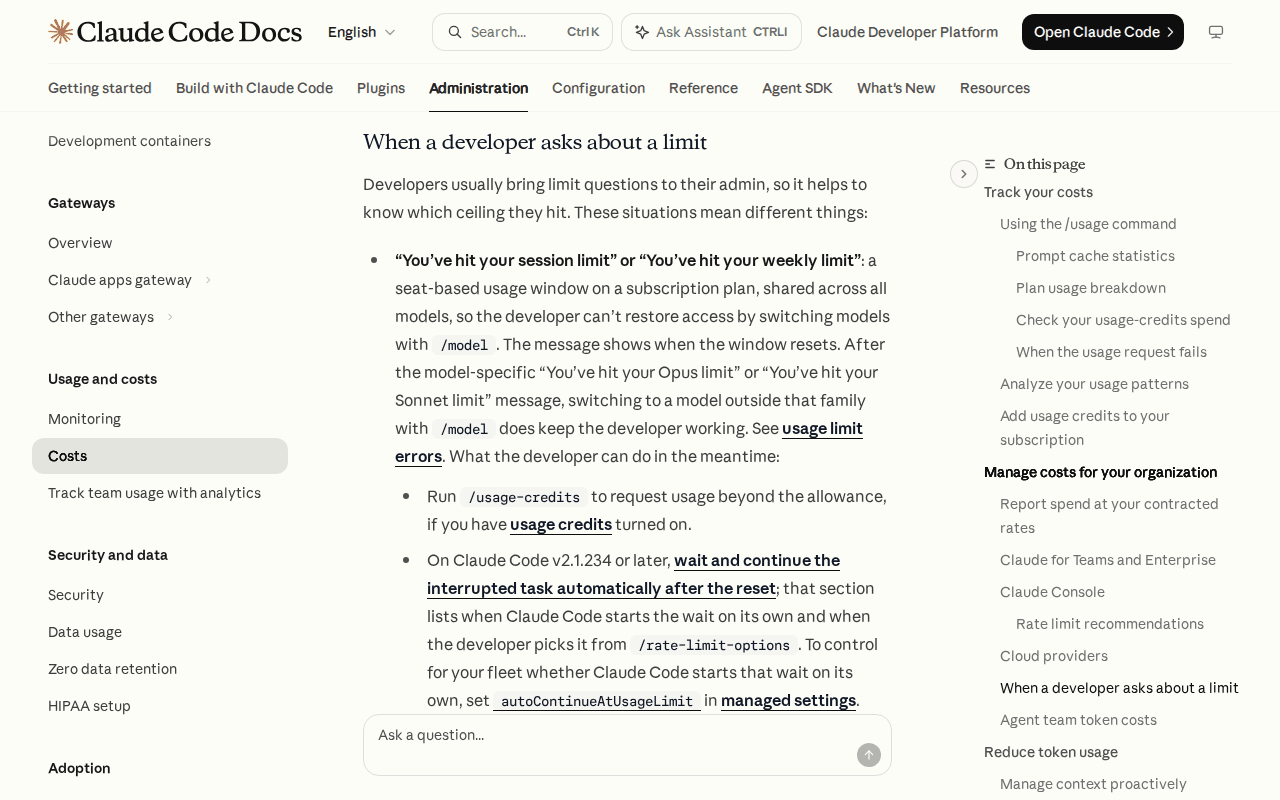 Screenshot of the Claude Code costs documentation explaining that a session or weekly limit is a usage window shared across all models, with usage credits and wait-and-continue as the developer’s options