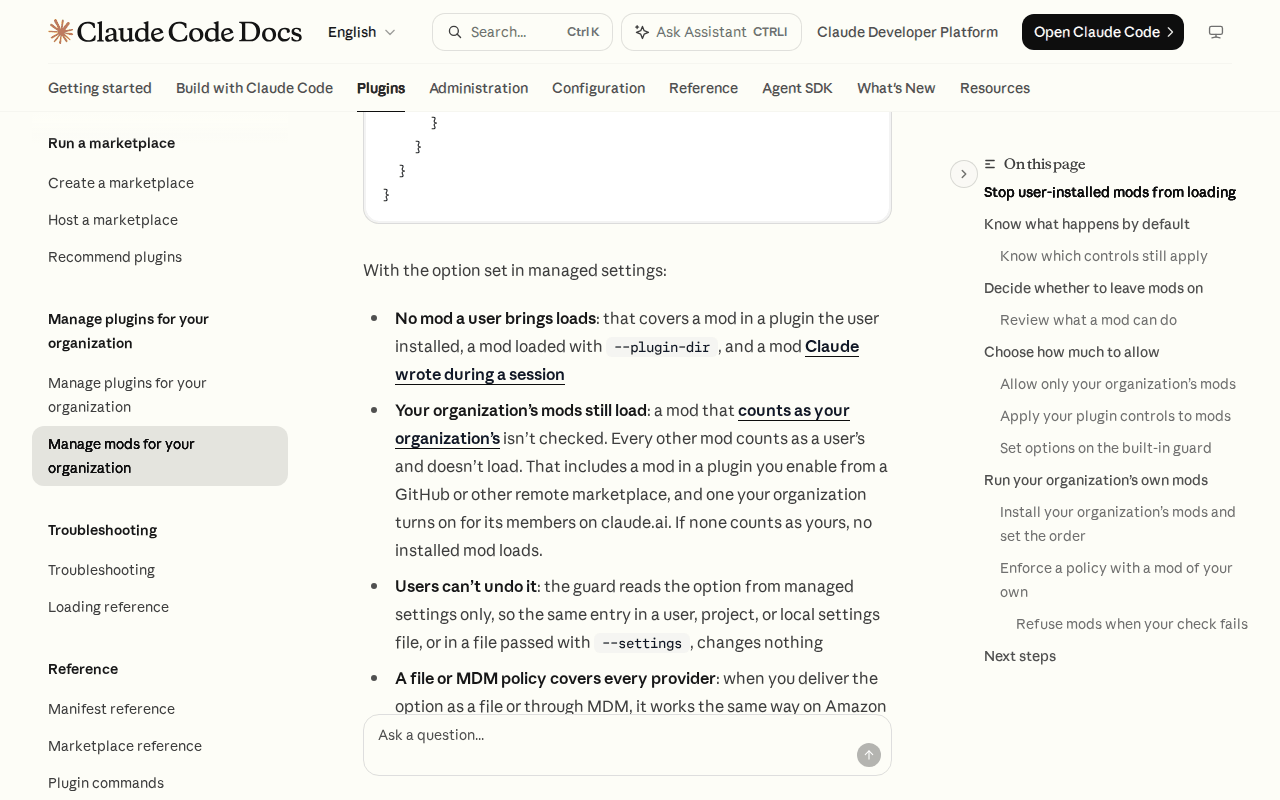 Claude Code Docs page Manage mods for your organization, showing what allowManagedModsOnly does: no mod a user brings loads, the organization’s mods still load except ones from a GitHub or remote marketplace or turned on through claude.ai, and users can’t undo it