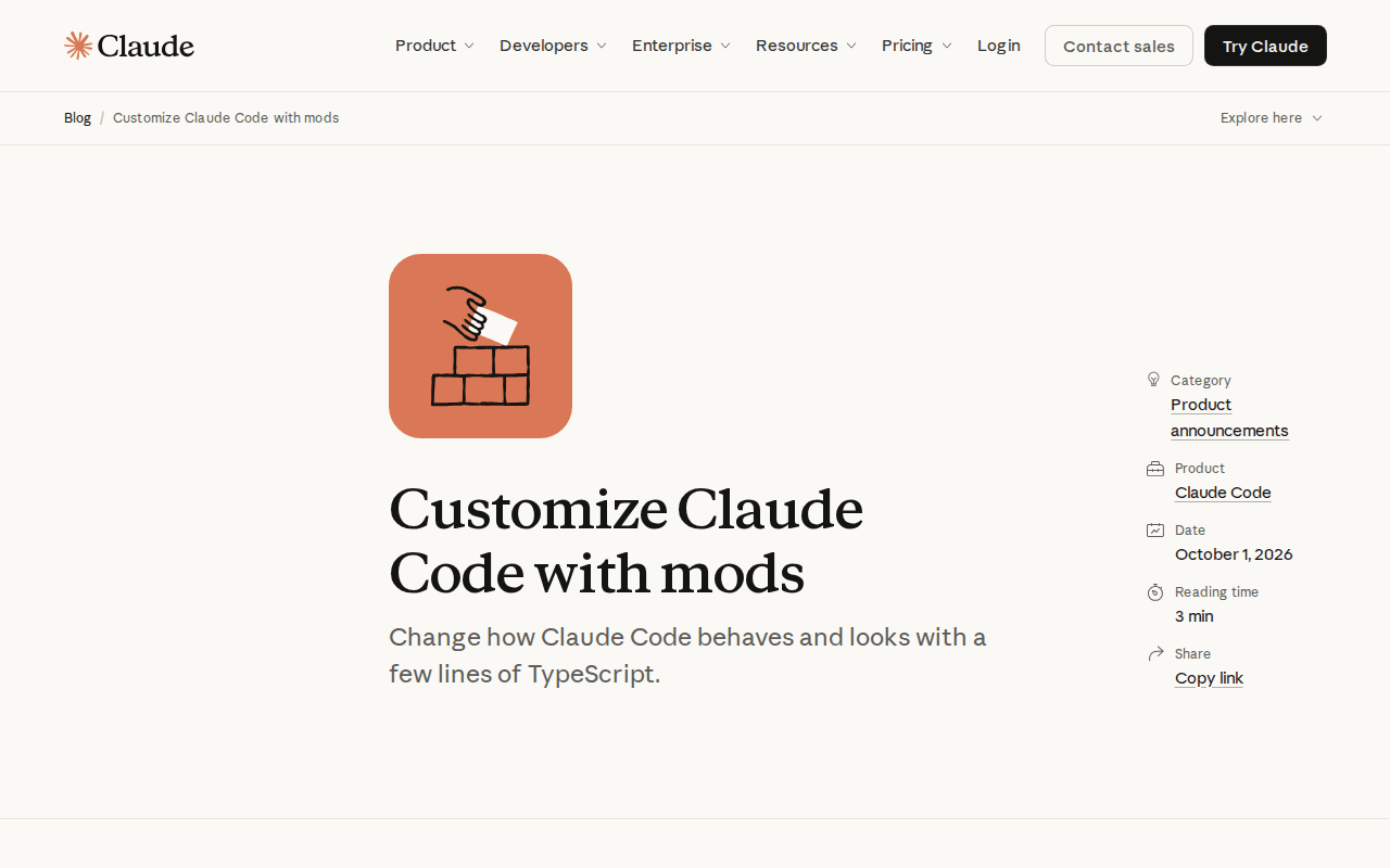 Anthropic blog header for Customize Claude Code with mods, subtitled change how Claude Code behaves and looks with a few lines of TypeScript, dated October 1, 2026