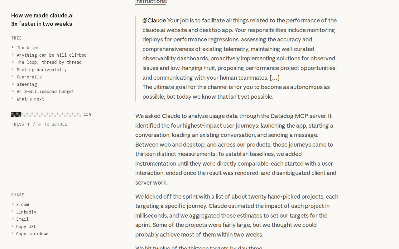 claude.dev post showing the @Claude standing instruction for the performance channel and the paragraph about analyzing usage data through the Datadog MCP server
