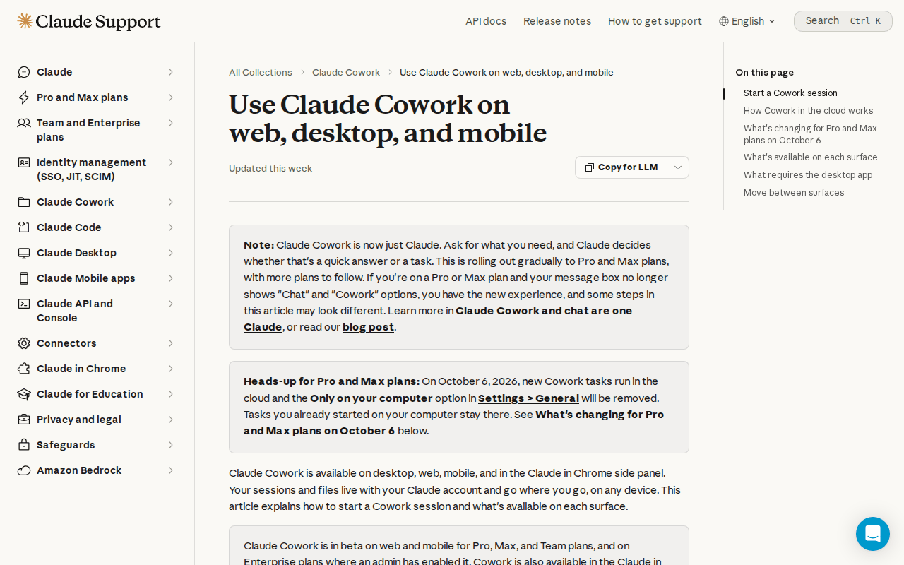 Claude Help Center page with the Pro and Max heads-up that new Cowork tasks run in the cloud from October 6, 2026, moving where this desktop AI agent works