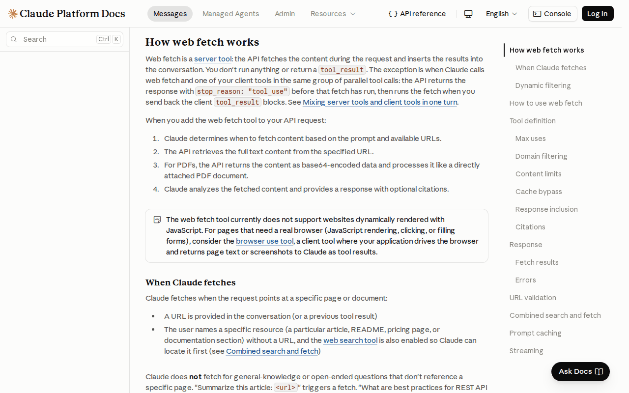 Screenshot of the Claude Platform Docs web fetch tool page, showing the note that web fetch does not support pages rendered with JavaScript and points to the browser use tool