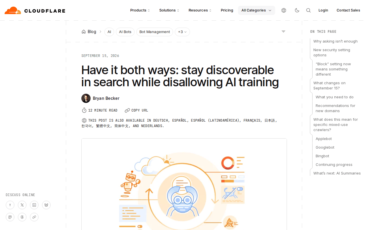 Screenshot of the Cloudflare blog post Have it both ways: stay discoverable in search while disallowing AI training, dated September 15, 2026, with an on-this-page list that includes What changes on September 15 and Recommendations for new domains