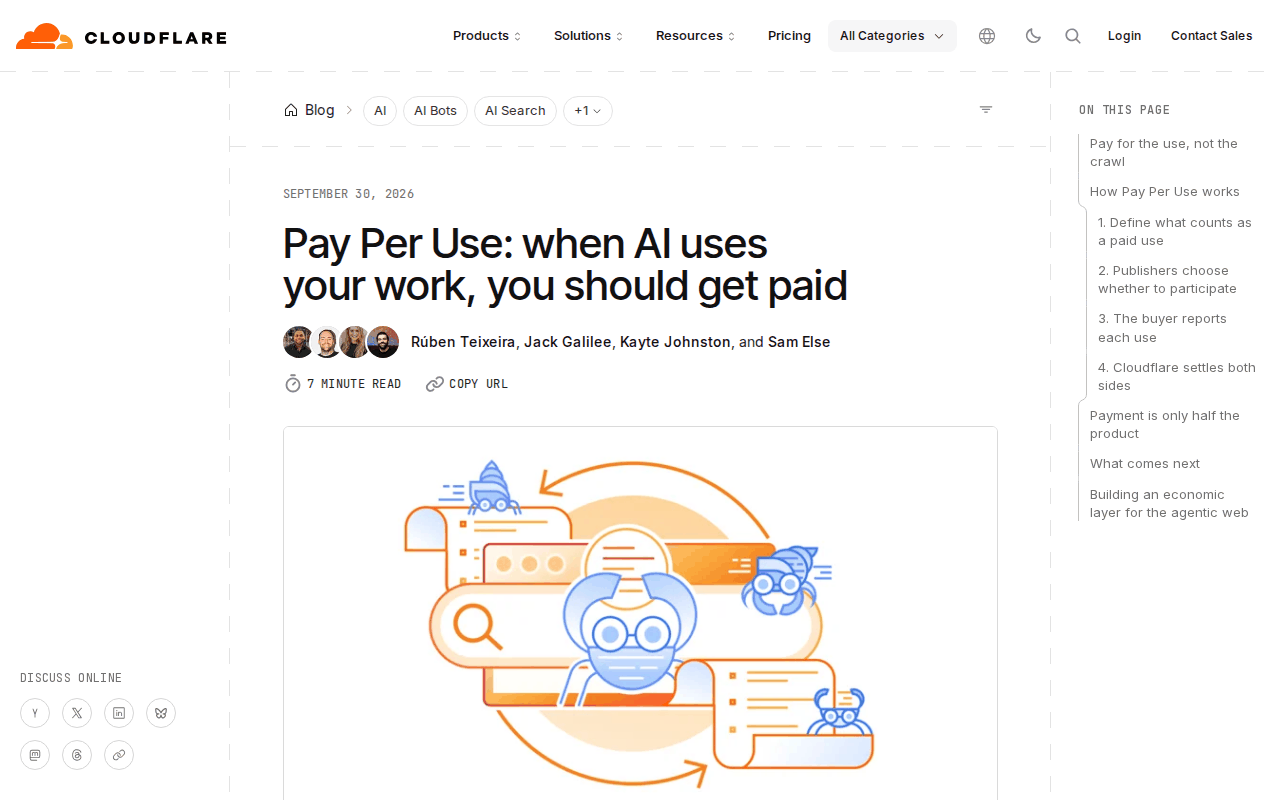 Screenshot of Cloudflare’s Pay Per Use blog post header, dated September 30, 2026, with the four-step outline of how Pay Per Use works in the page navigation