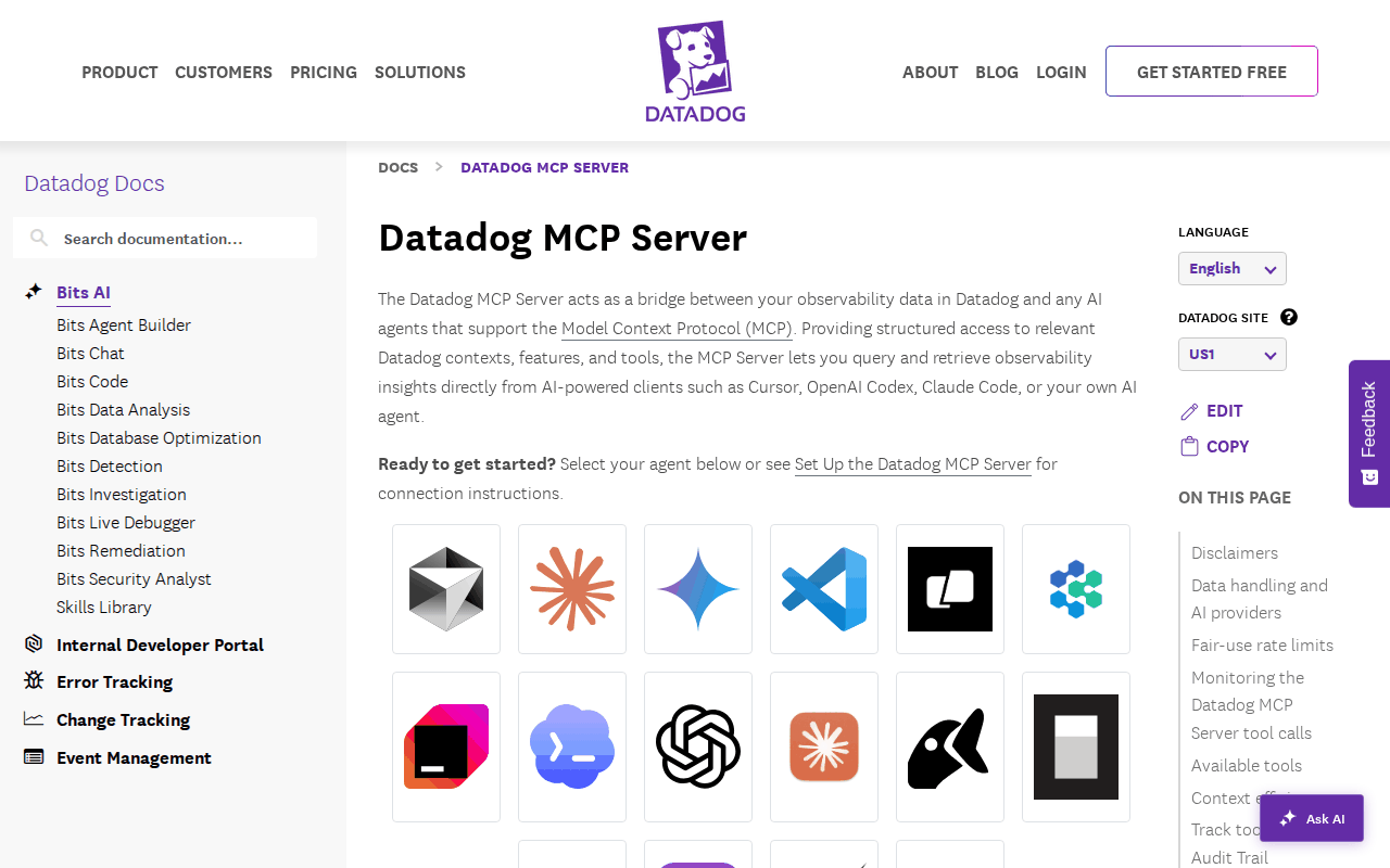 Datadog Docs page for the Datadog MCP Server, with the bridge description, the supported-client grid and an on-page menu listing tool-call monitoring and Audit Trail