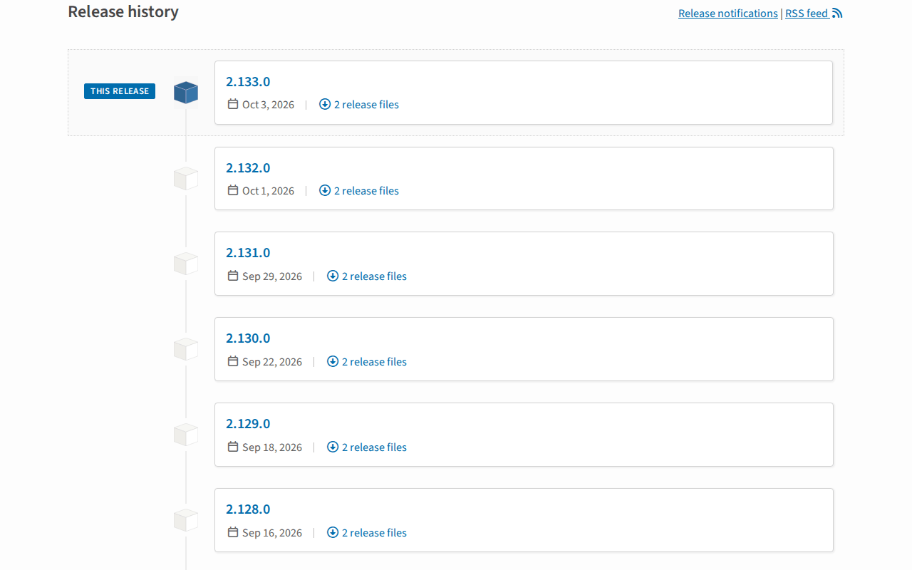 Screenshot of the docling release history on PyPI listing versions 2.133.0 on October 3, 2026 back to 2.128.0 on September 16, 2026