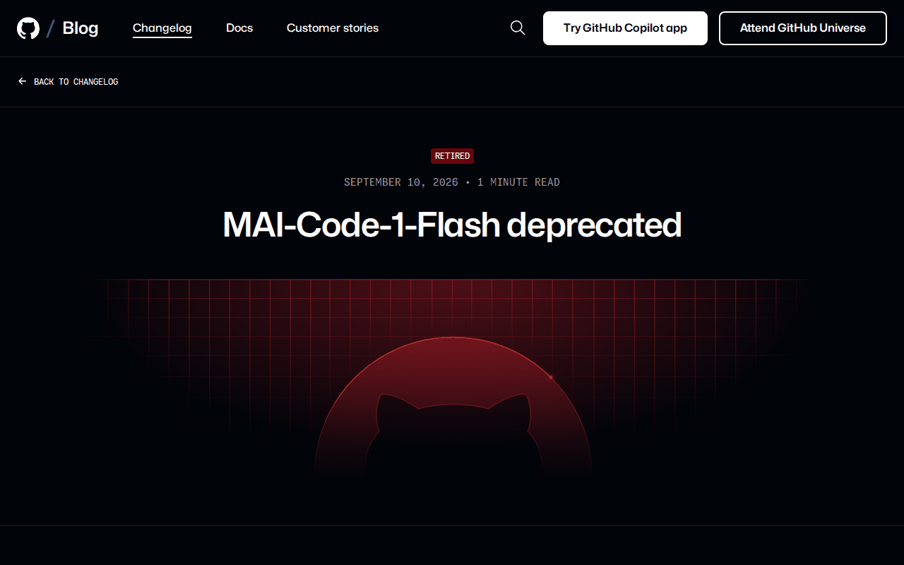 Screenshot of the GitHub Changelog post “MAI-Code-1-Flash deprecated”, dated September 10, 2026, with a red RETIRED label above the title