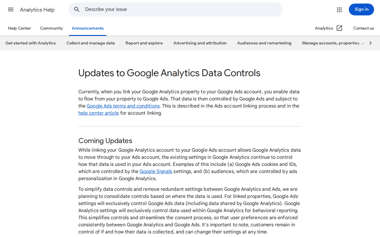 Google Analytics Help announcement titled Updates to Google Analytics Data Controls, describing a plan to consolidate controls so Google Ads settings govern Ads data and Analytics settings govern reporting data