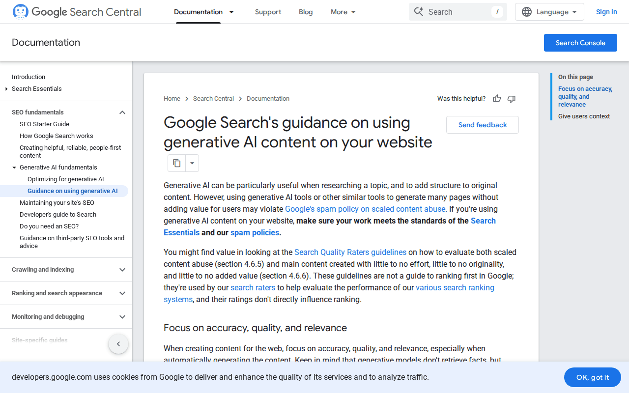 Screenshot of Google Search Central’s guidance on using generative AI content on your website, updated Oct 1, 2026, with the accuracy, quality and relevance section