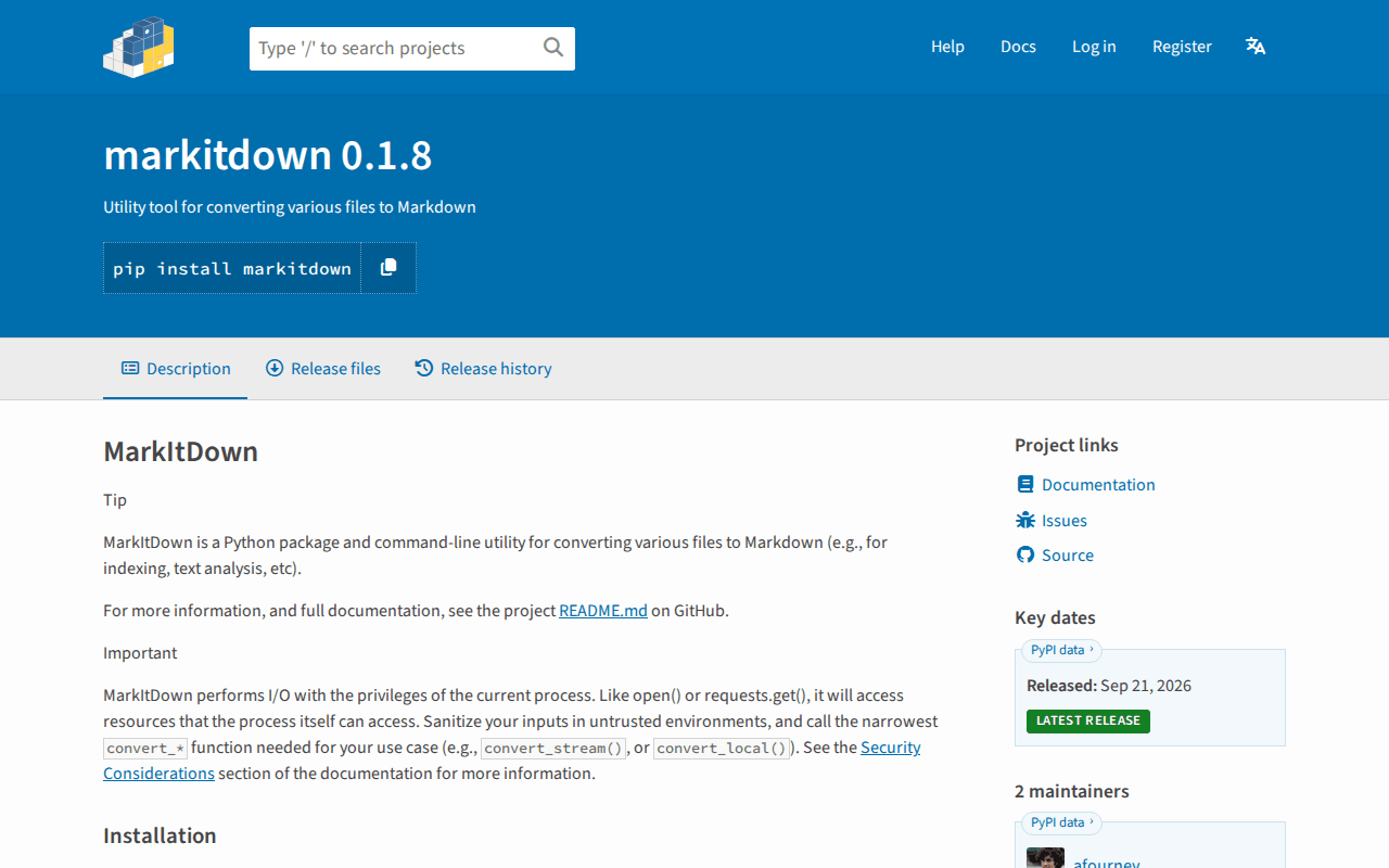 Screenshot of the markitdown 0.1.8 page on PyPI, released September 21, 2026, with the Important note that MarkItDown performs I/O with the privileges of the current process