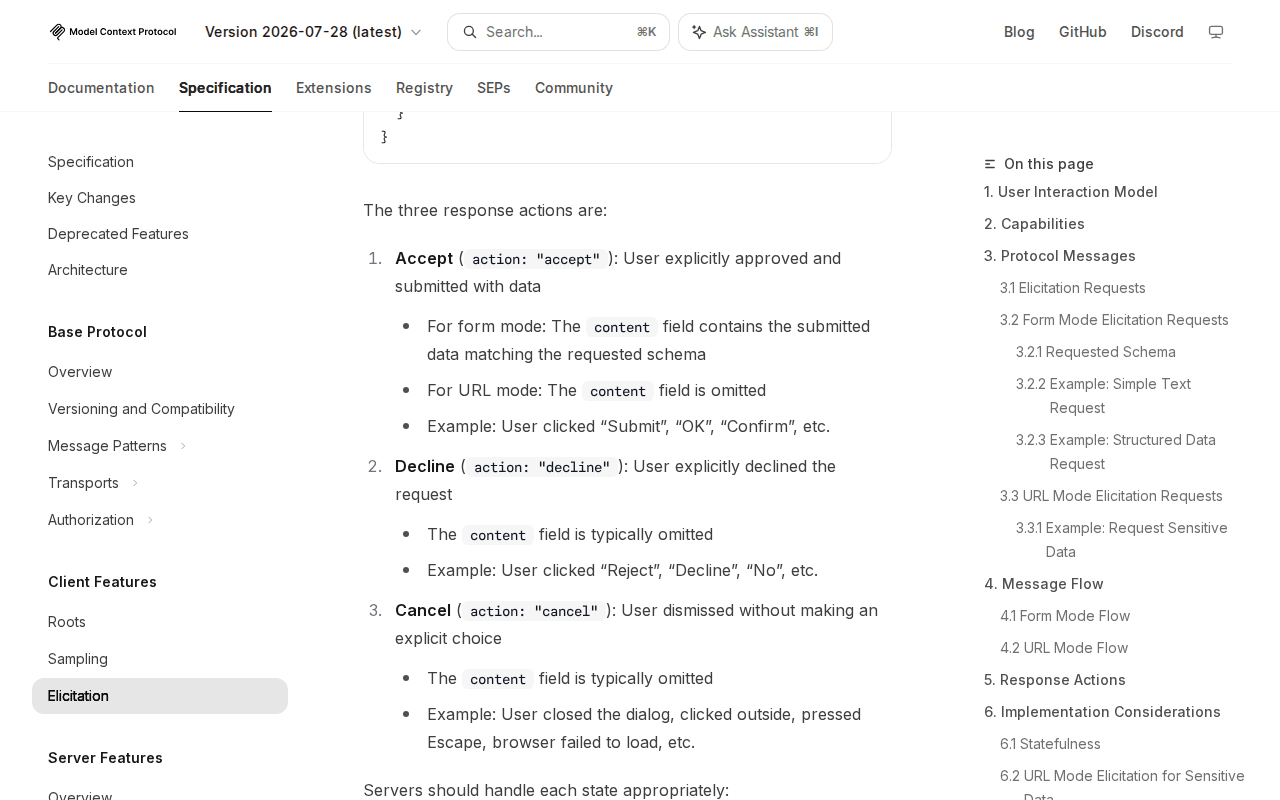 MCP specification elicitation page listing the three response actions, accept, decline and cancel, with decline defined as user explicitly declined the request and cancel as dismissed without making an explicit choice
