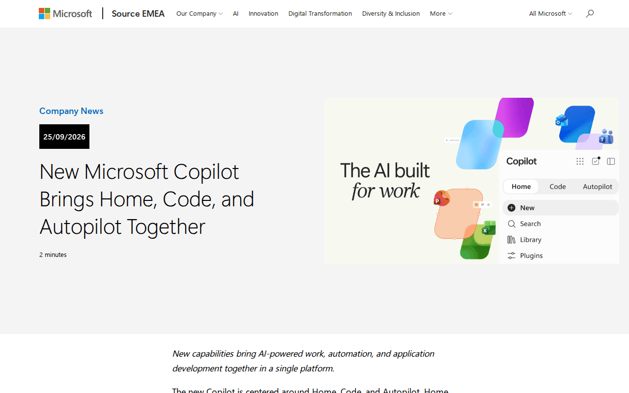Microsoft Source EMEA post dated 25/09/2026 announcing the new Copilot, with a Copilot panel showing Home, Code and Autopilot tabs, the away-mode news behind computer use agent workflows