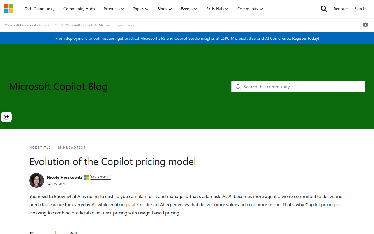 Screenshot of Microsoft’s “Evolution of the Copilot pricing model” post on the Microsoft Copilot Blog, showing the title, the Sep 25, 2026 byline and the opening paragraph