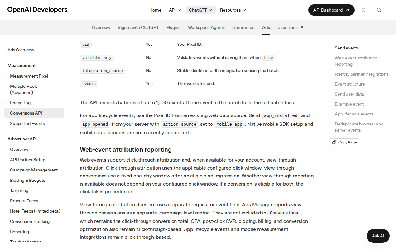 OpenAI Ads Conversions API documentation showing app lifecycle events app_installed and app_opened sent with action_source set to mobile_app, and the rule that one failed event fails the full batch