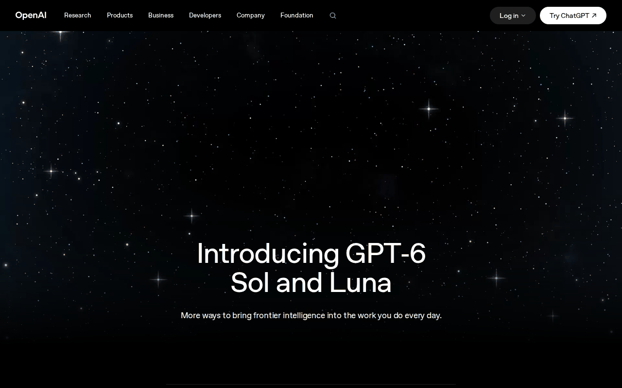 Screenshot of OpenAI’s launch page headed “Introducing GPT-6 Sol and Luna” with the line “More ways to bring frontier intelligence into the work you do every day”