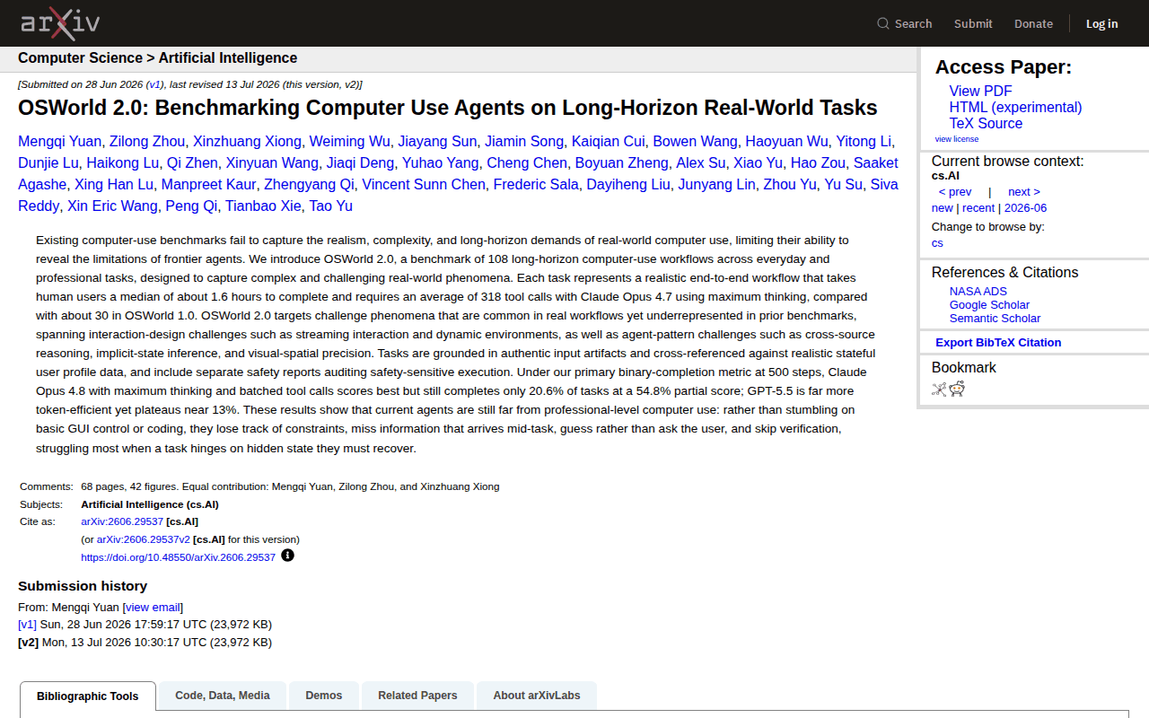arXiv abstract page for 2606.29537, OSWorld 2.0: Benchmarking Computer Use Agents on Long-Horizon Real-World Tasks, showing the abstract with the 20.6% binary and 54.8% partial result at 500 steps