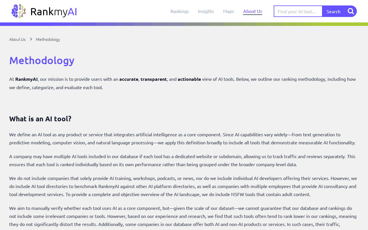 Screenshot of RankmyAI’s methodology page, the “What is an AI tool?” section defining an AI tool as one that integrates artificial intelligence as a core component