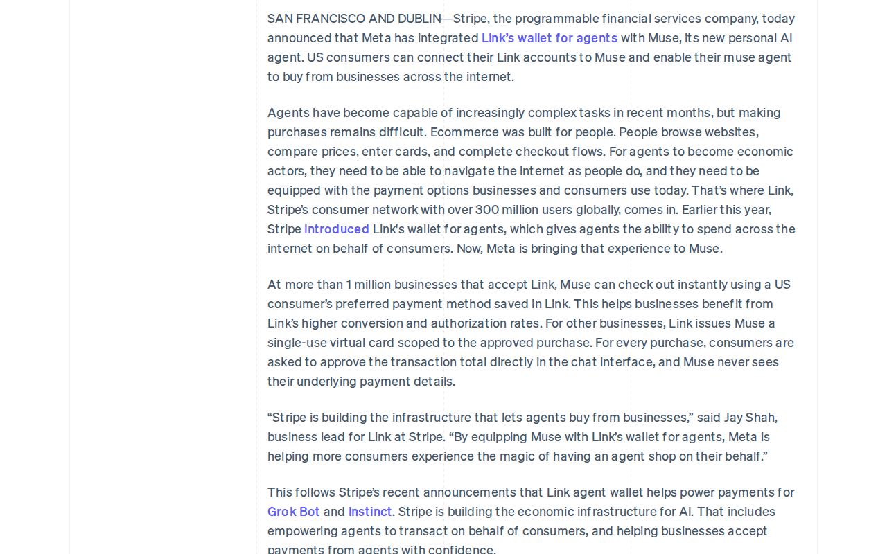 Screenshot of Stripe’s Sep 8 newsroom post on Meta Muse and Link, showing the passage about a single-use virtual card scoped to the approved purchase and approving the transaction total in the chat interface
