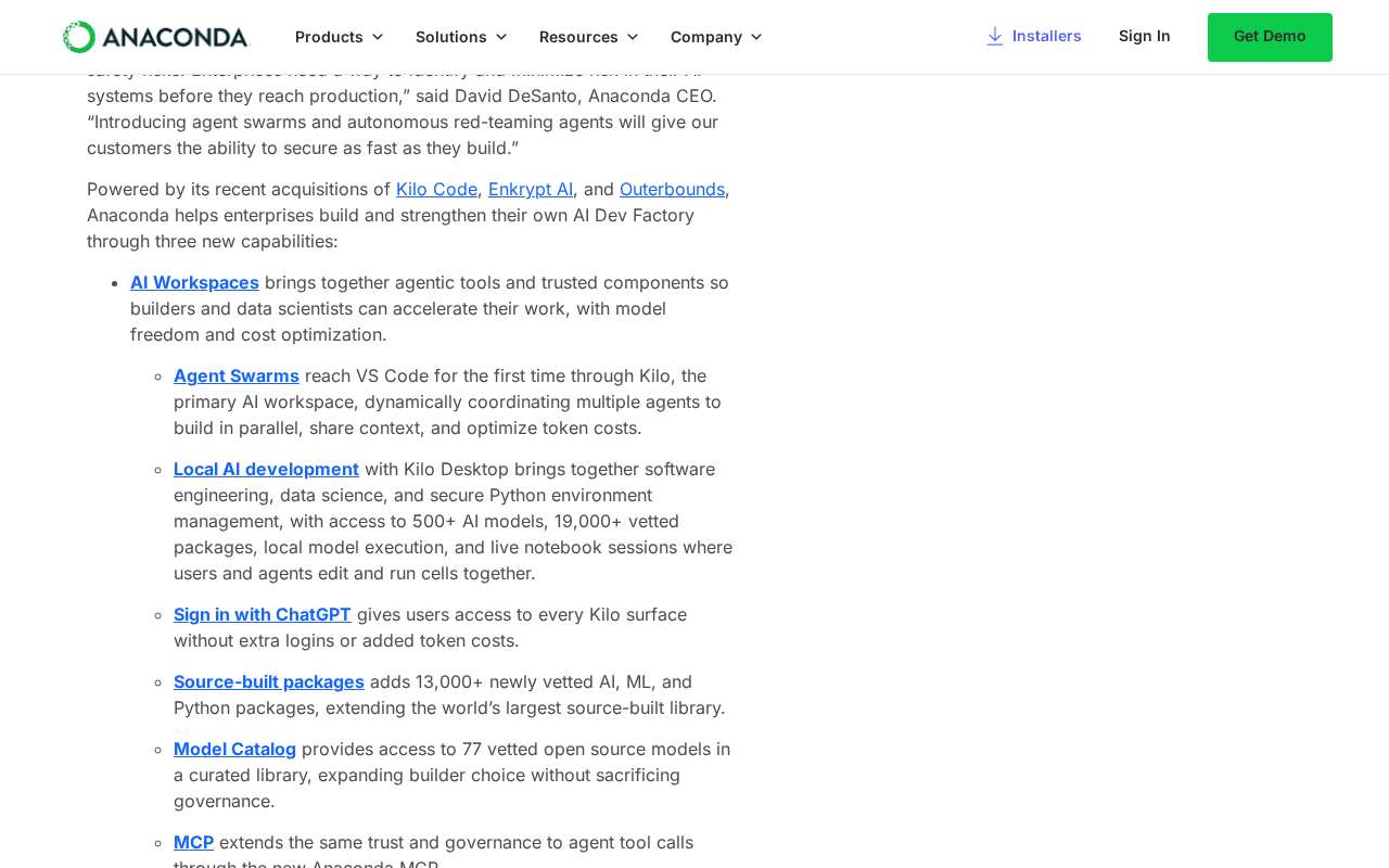 Anaconda press release passage listing AI Workspaces items: Agent Swarms reaching VS Code through Kilo, Local AI development with Kilo Desktop and access to 500+ AI models, Sign in with ChatGPT, source-built packages, and a Model Catalog of 77 vetted open source models