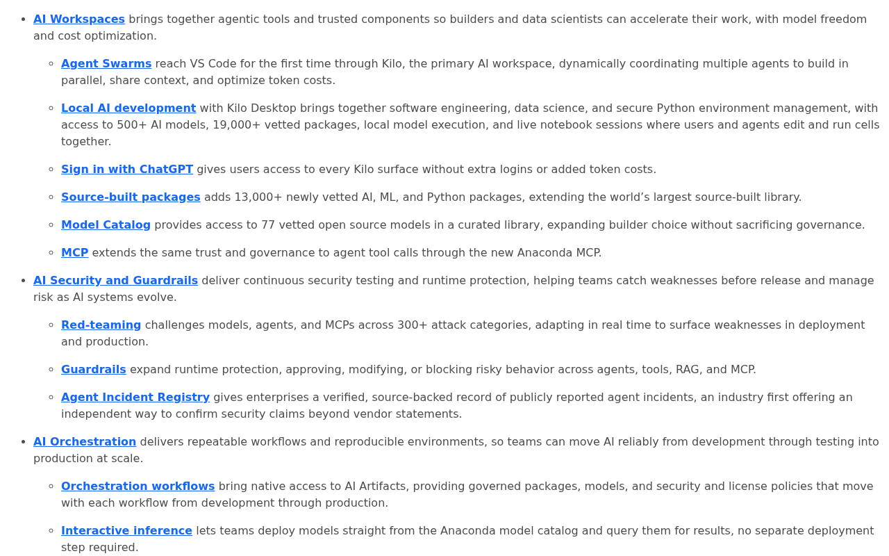 Screenshot of the Anaconda press release section on AI Security and Guardrails, listing Red-teaming that challenges models, agents and MCPs across 300+ attack categories, Guardrails that approve, modify or block risky behavior across agents, tools, RAG and MCP, and an Agent Incident Registry