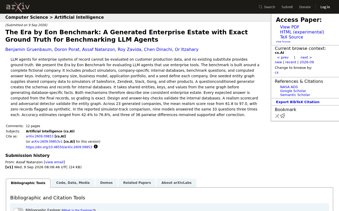 arXiv abstract page for 2609.09853, The Era by Eon Benchmark: A Generated Enterprise Estate with Exact Ground Truth for Benchmarking LLM Agents, with the abstract stating every expected answer is computed from the final records