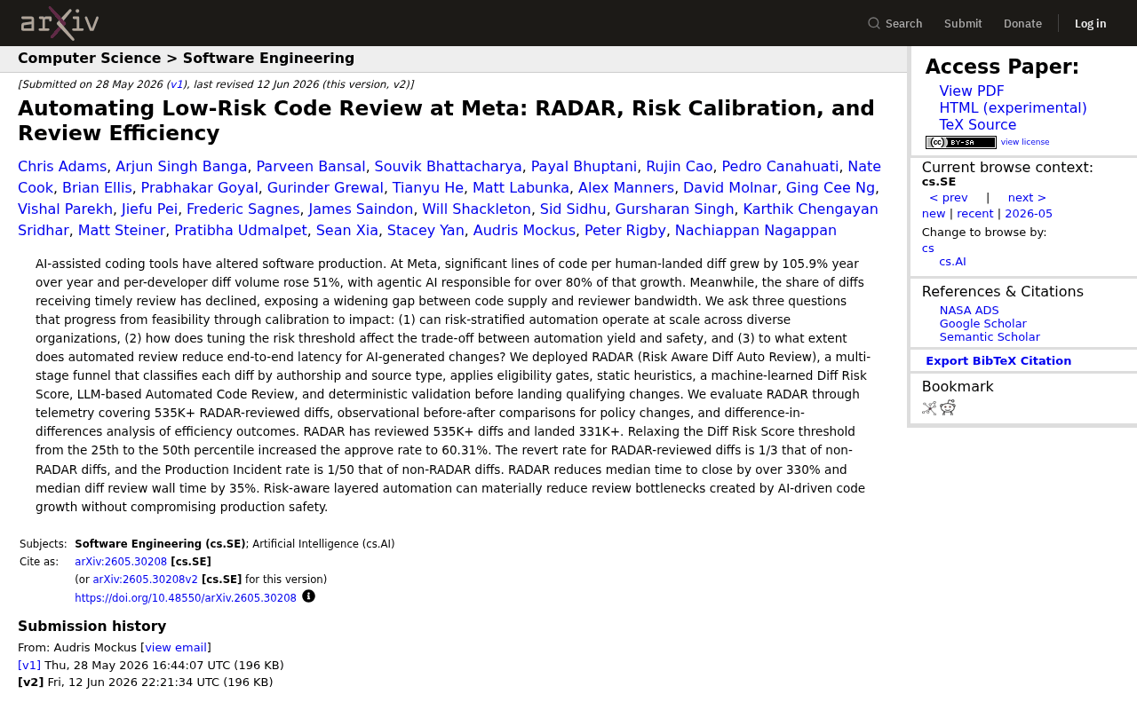 arXiv abstract page for 2605.30208, Automating Low-Risk Code Review at Meta: RADAR, Risk Calibration, and Review Efficiency, listing 31 authors and the abstract with the 535K+ diffs reviewed and 35% review wall time figures