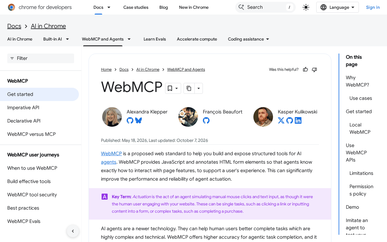 Screenshot of Chrome for Developers WebMCP docs page with the Imperative API and Declarative API entries in the sidebar, three authors, and the dates Published May 18, 2026, Last updated October 7, 2026